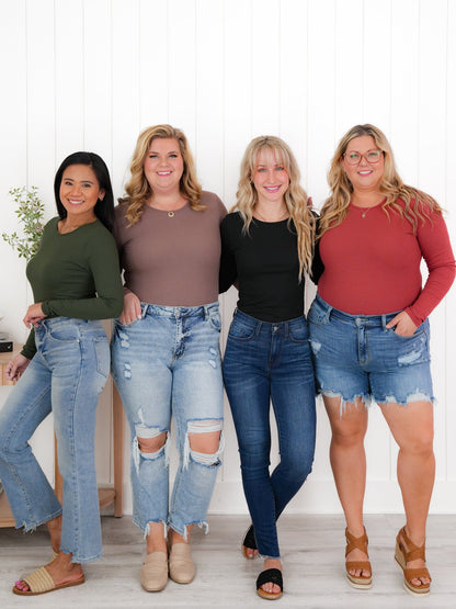 Plus/Reg Ribbed Knit Long Sleeve Bodysuit (Multiple Colors)