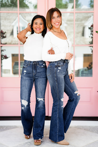 Restock Judy Blue Shake it Off Dark Wash High Rise Tummy Control Destroyed Knee Raw Hem Flare Jeans