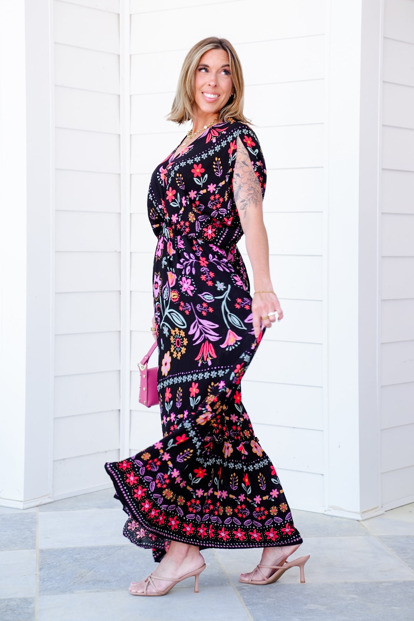 Black Floral Print Short Dolman Sleeve Maxi Dress with Side Pockets