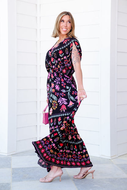 Black Floral Print Short Dolman Sleeve Maxi Dress with Side Pockets
