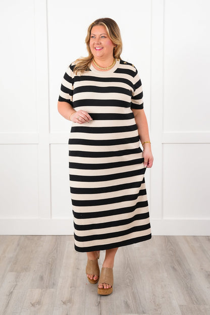 Wide Stripe Short Sleeve Crew Neck Knit Dress with Button Detail