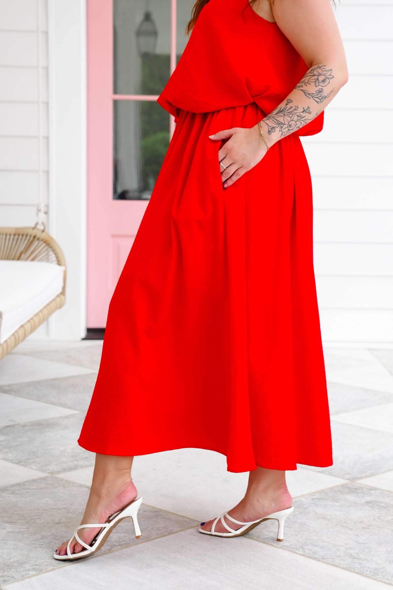Red Woven Elastic Waist Midi Skirt with Side Pockets