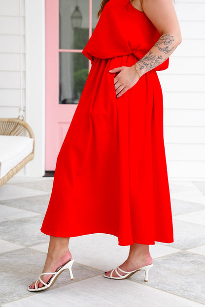 Red Woven Elastic Waist Midi Skirt with Side Pockets
