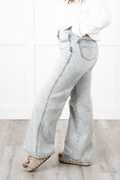 Judy Blue High Rise Light Wash Tummy Control Retro Wide Leg Jeans