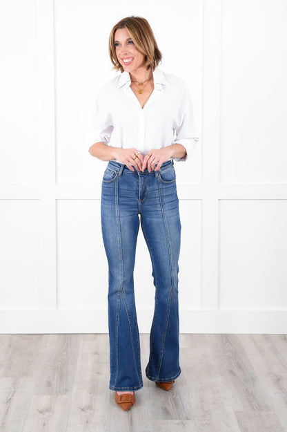 Risen High Rise Dark Wash Flare Jeans with Front Seam Detail