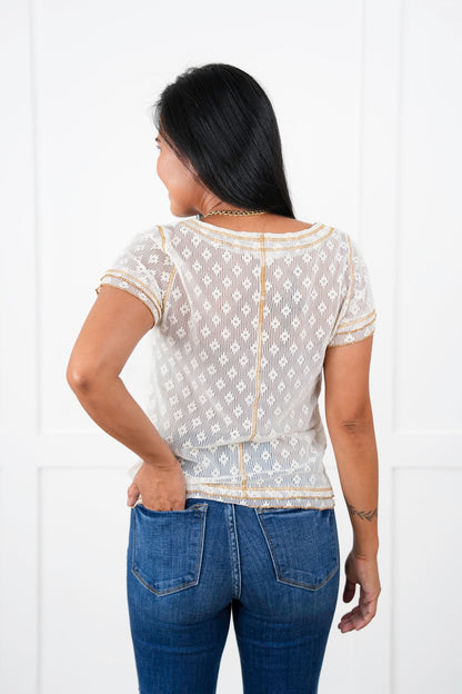 POL Lace Short Sleeve Round Neck Top