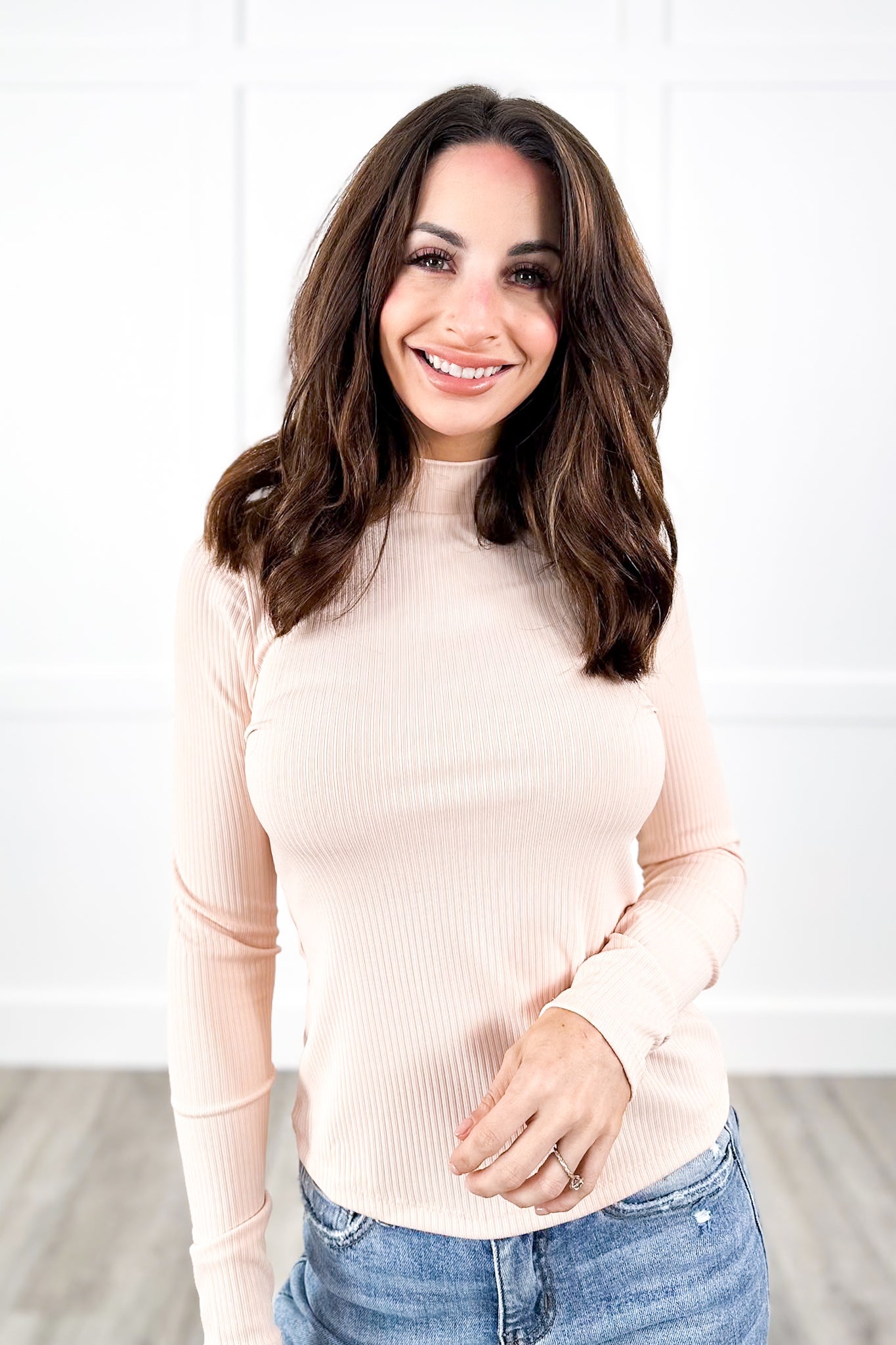 Solid Ribbed Knit Long Sleeve Mock Neck Top