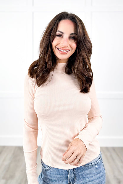 Solid Ribbed Knit Long Sleeve Mock Neck Top