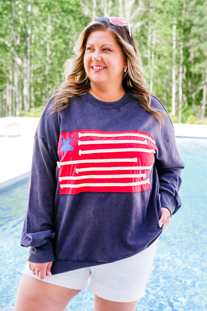 Mineral Wash Long Sleeve American Flag Patch Sweatshirt