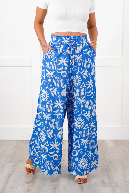 Plus/Reg Tropical Print Elastic Waist Wide Leg Pants