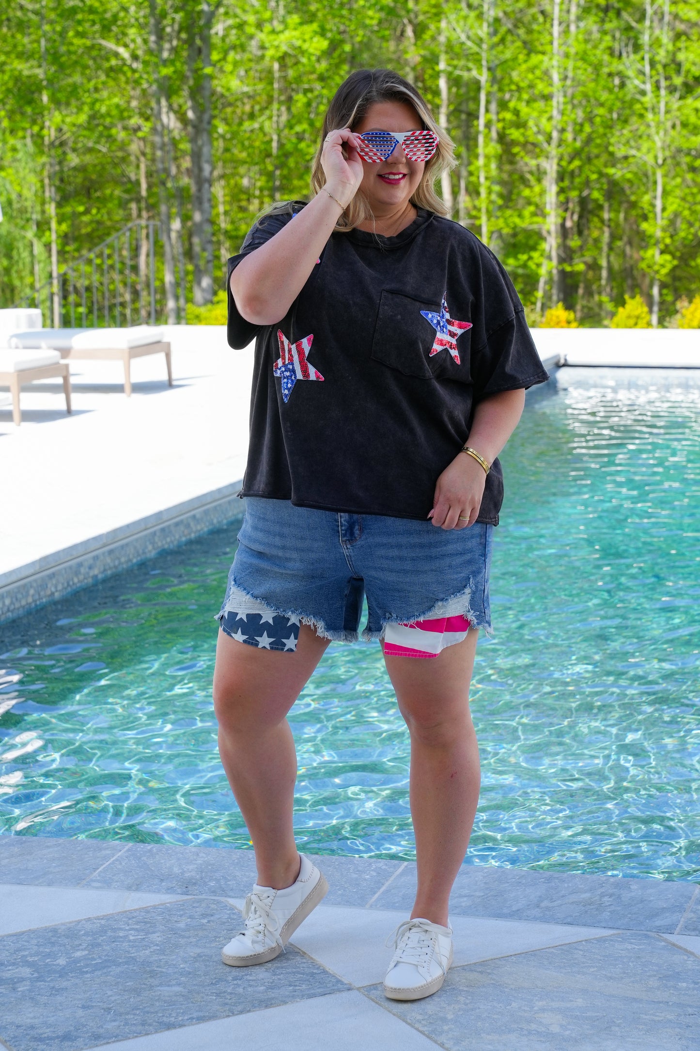 Plus/Reg Mineral Wash Short Sleeve Top with Sequin Star Patch Detail