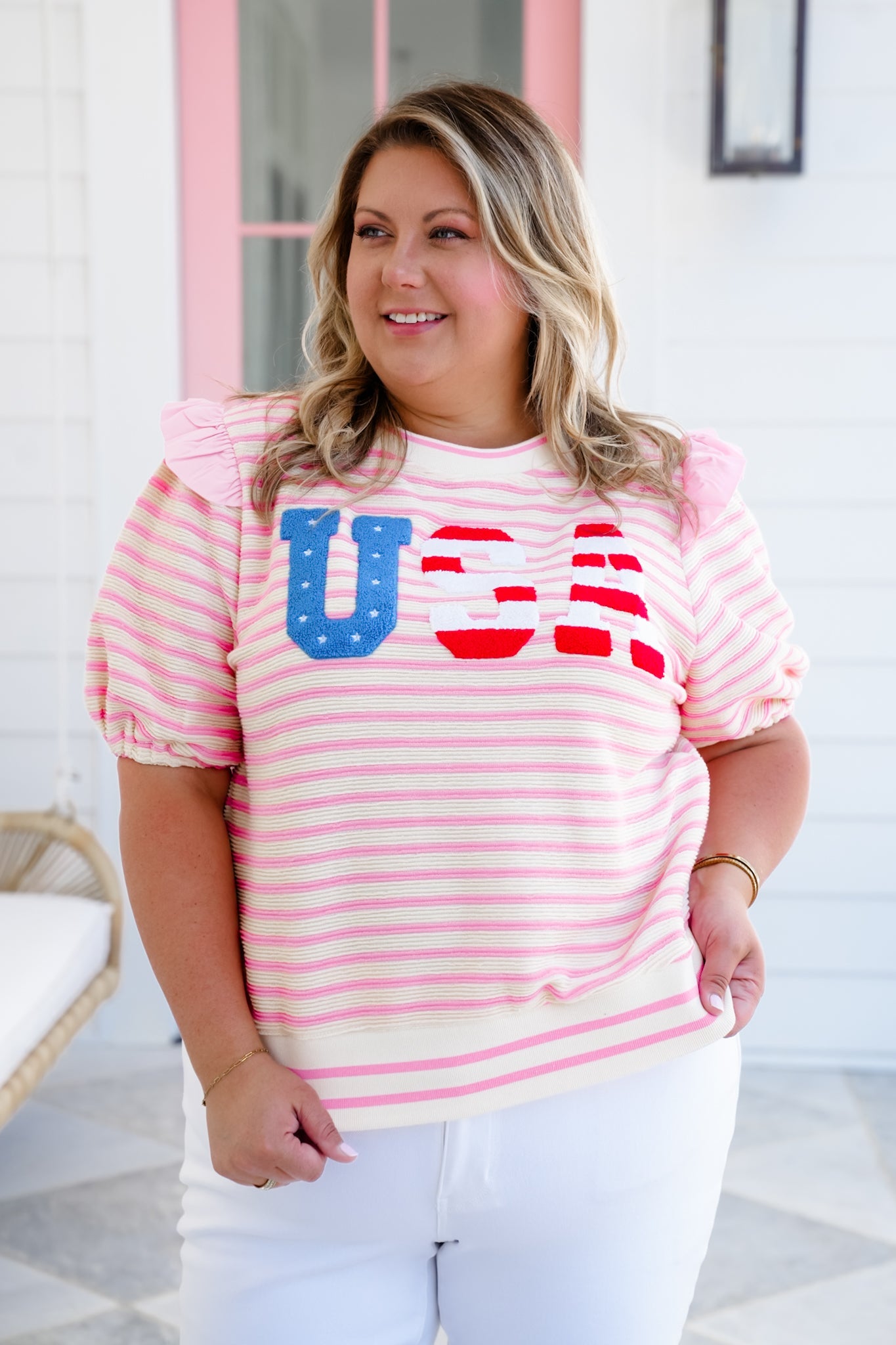 Stripe Short Sleeve "USA" Patchwork Top with Ruffle Detail