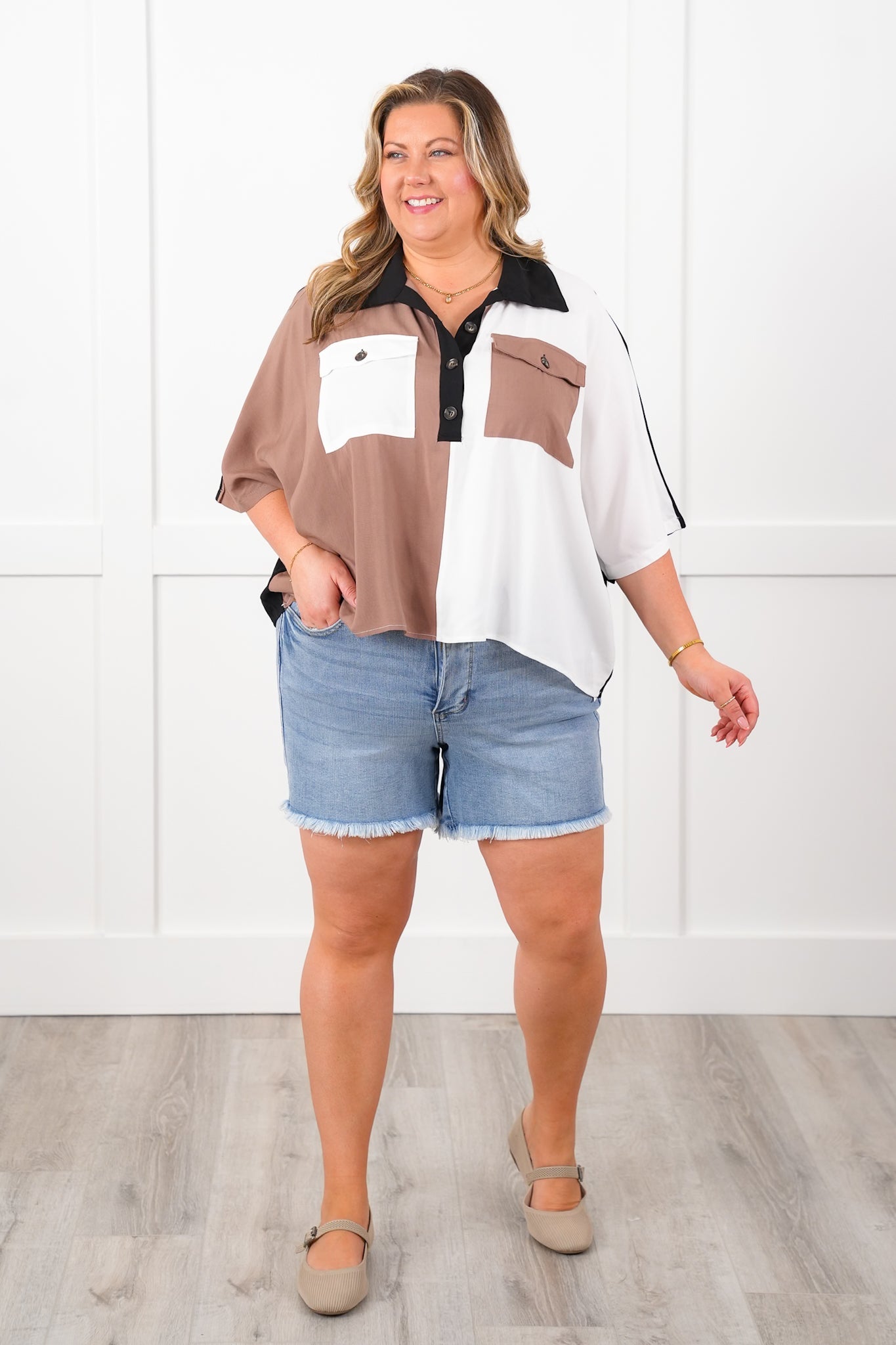 Color Block Short Dolman Sleeve Button Up Top