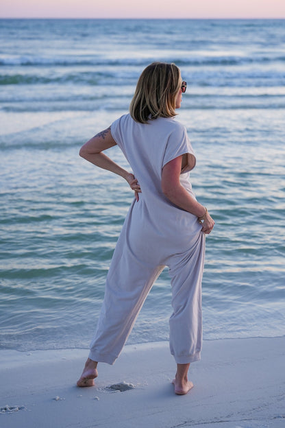 Plus/Reg Taupe Short Sleeve Button Up Knit Jumpsuit with Front Pockets