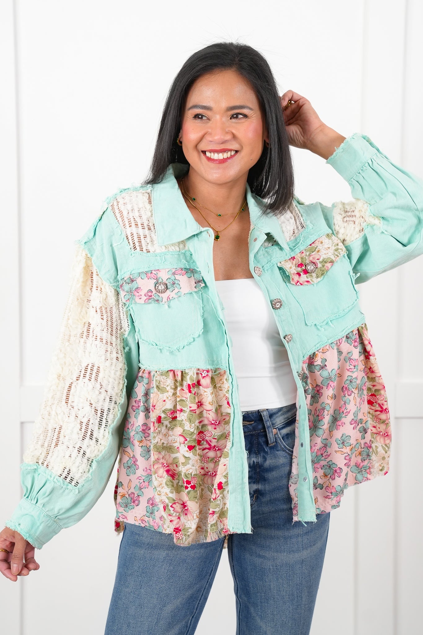 POL Mint Twill Long Sleeve A-Line Jacket with Crochet and Floral Detail