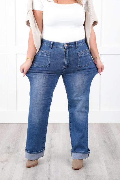 Risen High Rise Medium Wash Elastic Waistband Slim Straight Leg Jeans with Front Patch Pockets