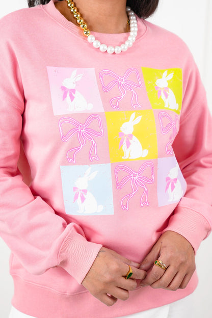 Checkered Bunny and Bows Graphic Long Sleeve Pullover Sweatshirt