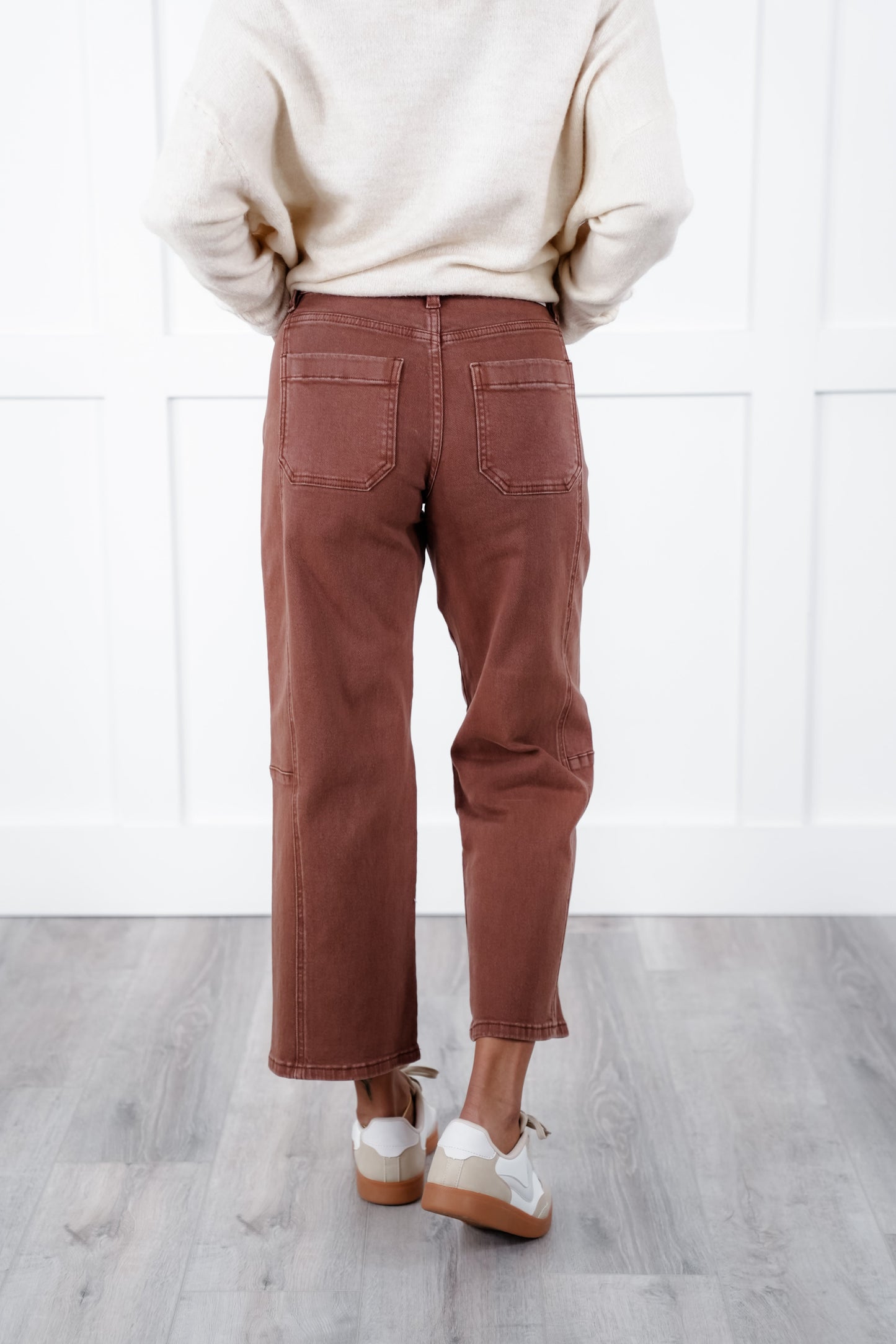 Risen High Rise Brown Cropped Wide Leg Barrel Jeans