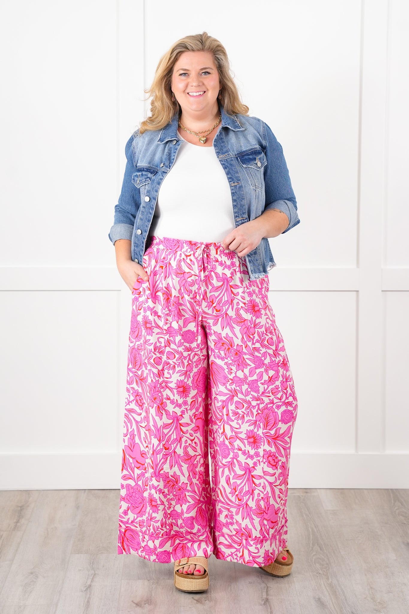Floral Print Elastic Waist Wide Leg Pants with Side Pockets