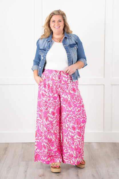Floral Print Elastic Waist Wide Leg Pants with Side Pockets