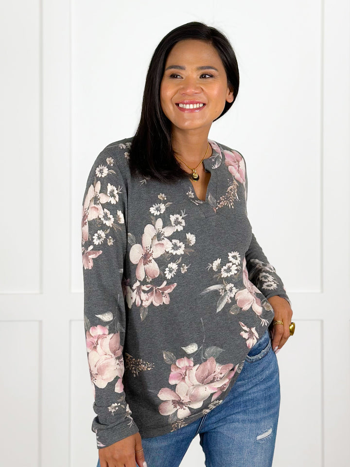 Plus/Reg Floral Print Long Sleeve V Neck Pullover Top