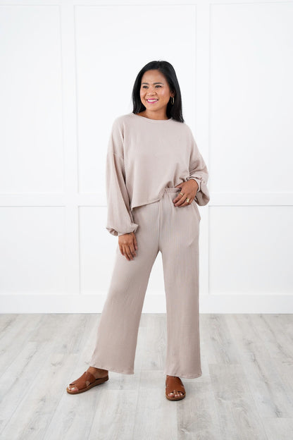 Ribbed Long Sleeve Round Top With Elastic Waistband Lounge Pant Set (Multiple Colors)