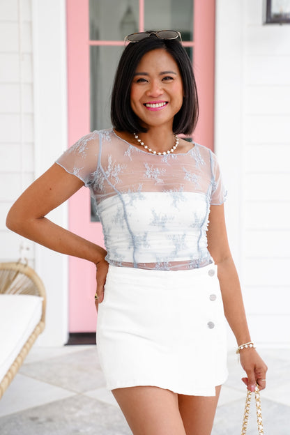Floral Mesh Short Sleeve Top with Ruching Detail