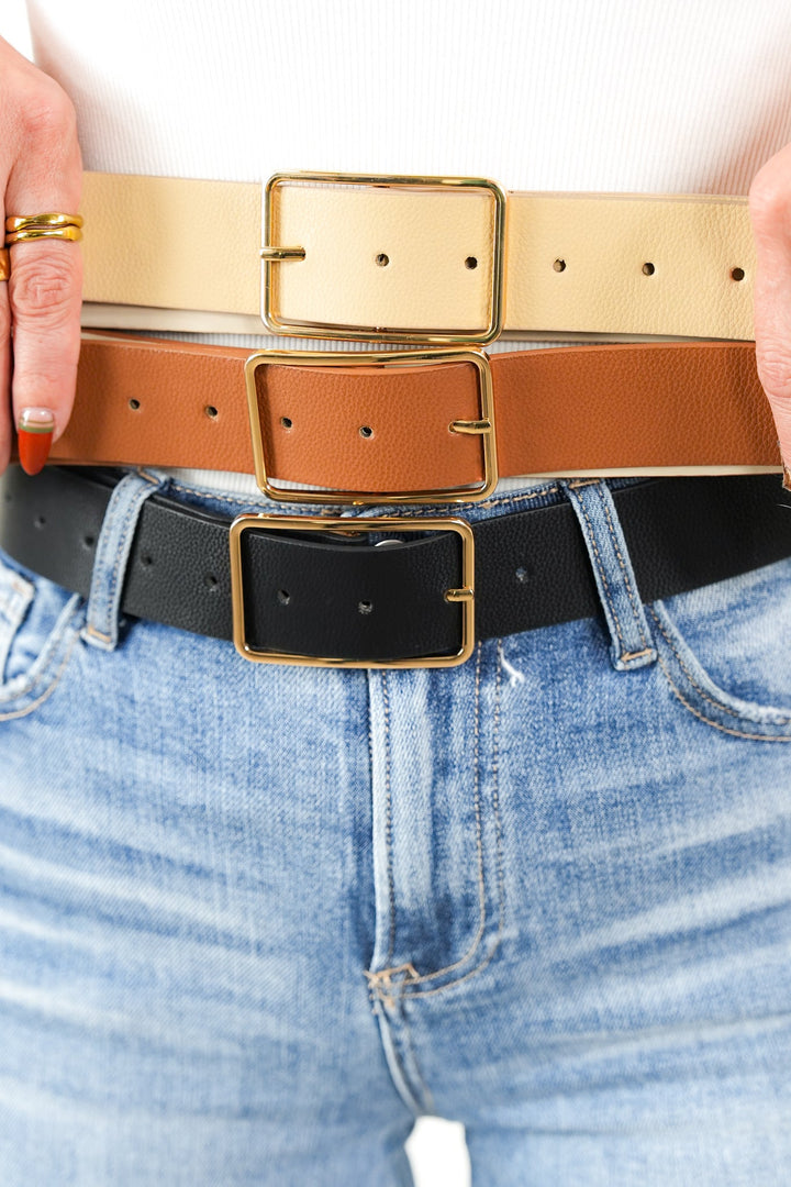 Vegan Leather Square Gold Buckle Belt