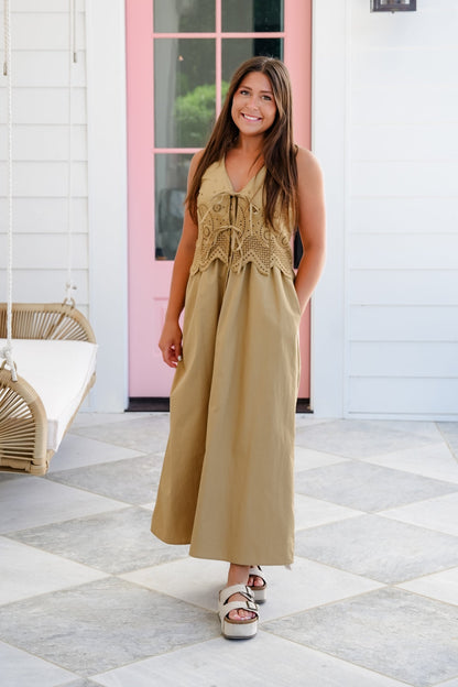 Eyelet Poplin Sleeveless Maxi Dress with Front Tie Detail