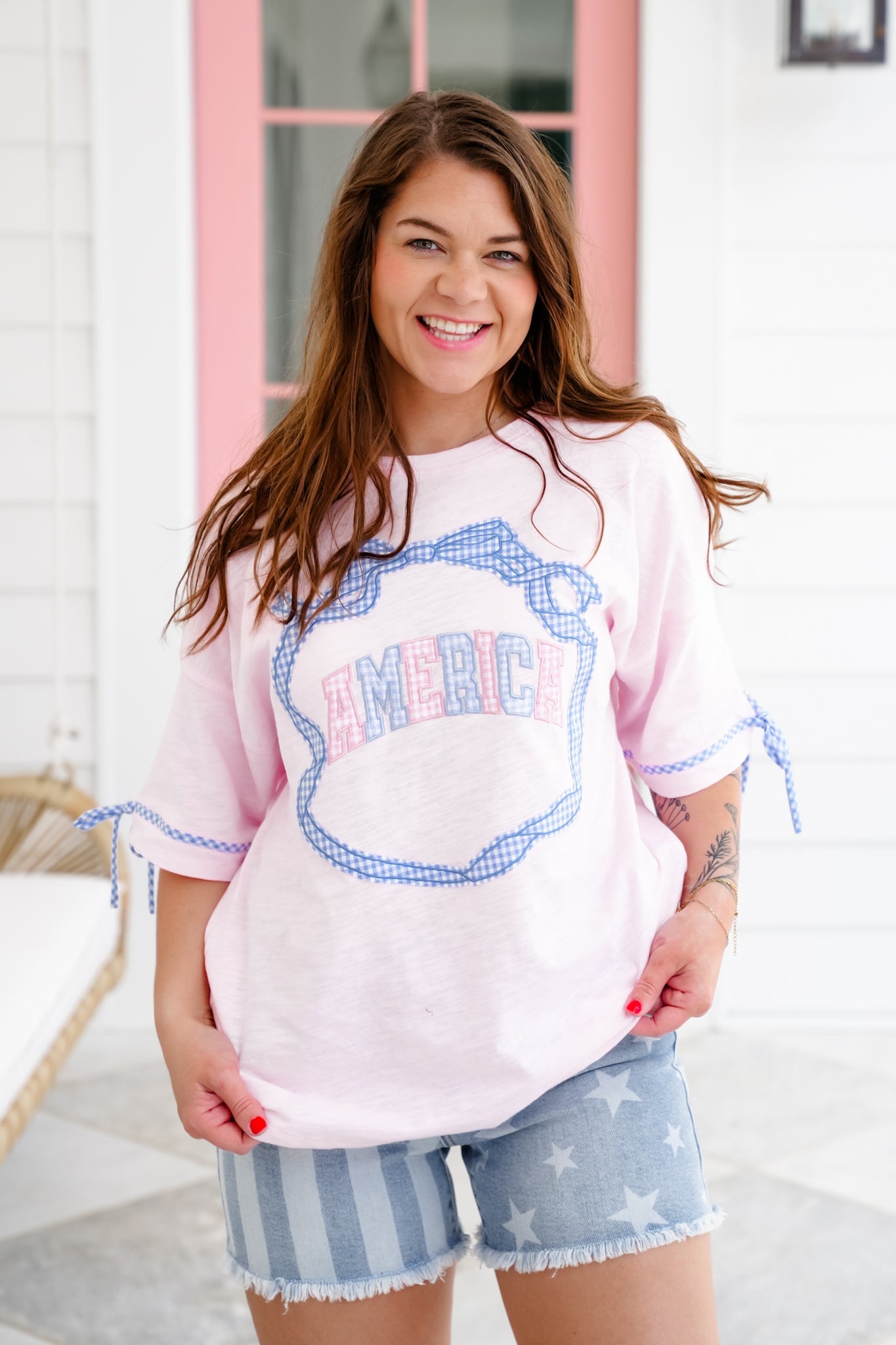 Pink Short Sleeve Round Neck "America" Top with Bow Gingham Detail