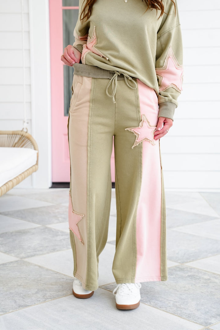 Mineral Wash Color Block Elastic Waist Pants with Star Patch Detail
