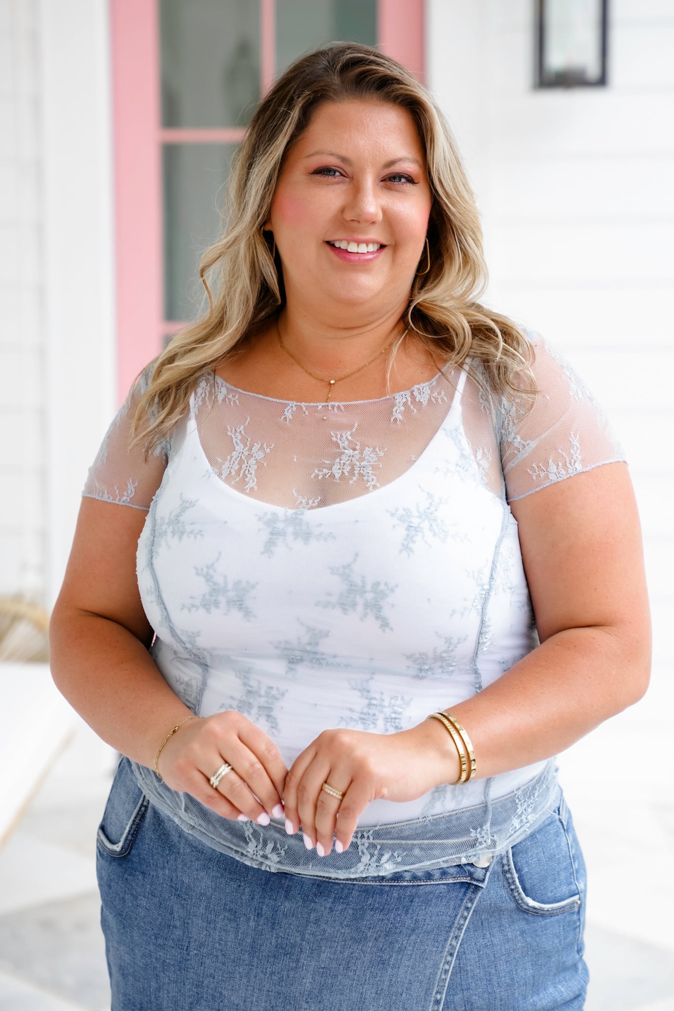 Floral Mesh Short Sleeve Top with Ruching Detail