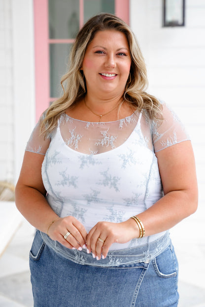 Floral Mesh Short Sleeve Top with Ruching Detail