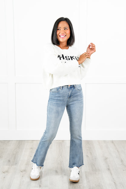 Mica High Rise Light Wash Uneven Hem Cropped Flare Jeans