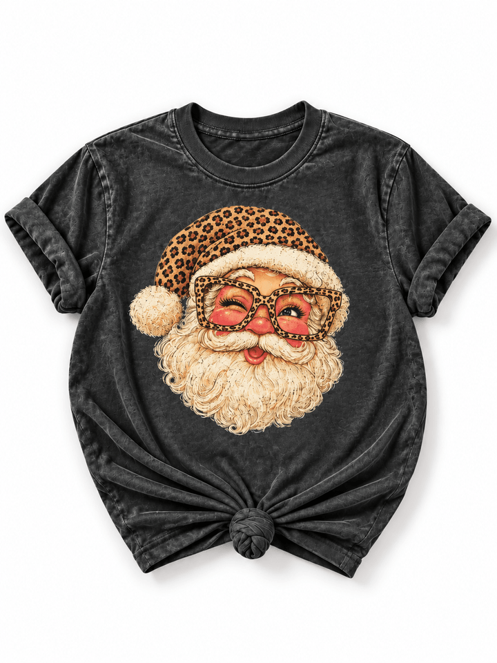 Plus/Reg Short Sleeve Leopard Santa Christmas Graphic Tee - Freckled Poppy