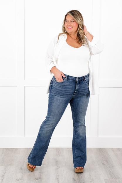 Judy Blue The Bella Mid Rise Medium Vintage Wash Tummy Control Cut Hem Flare Jeans