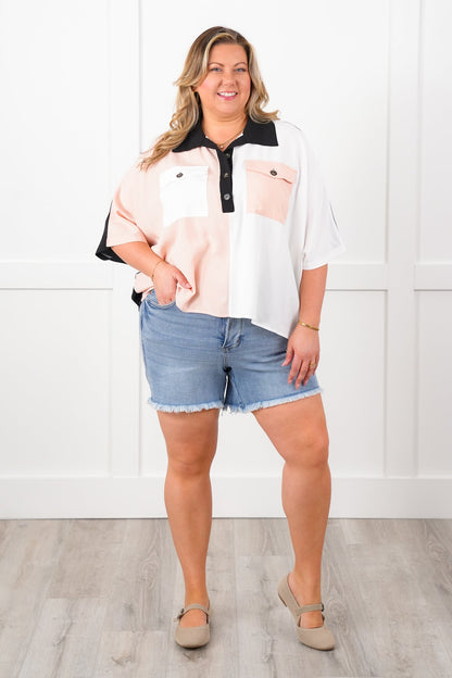 Color Block Short Dolman Sleeve Button Up Top