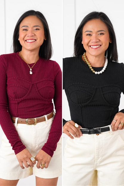 Ribbed Knit Long Sleeve Corset Top