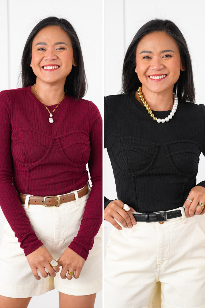 Ribbed Knit Long Sleeve Corset Top