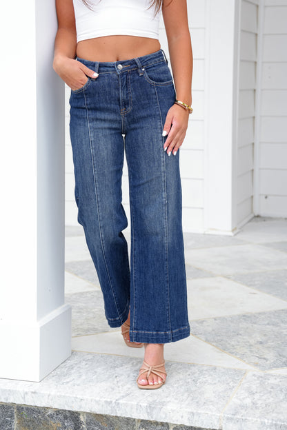 Risen High Rise Dark Wash Cropped Wide Leg Jeans