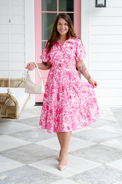 Pink Floral Print Short Balloon Sleeve Button Up Dress