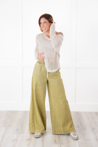Mineral Wash Elastic Waist Wide Leg Pants (Multiple Colors)