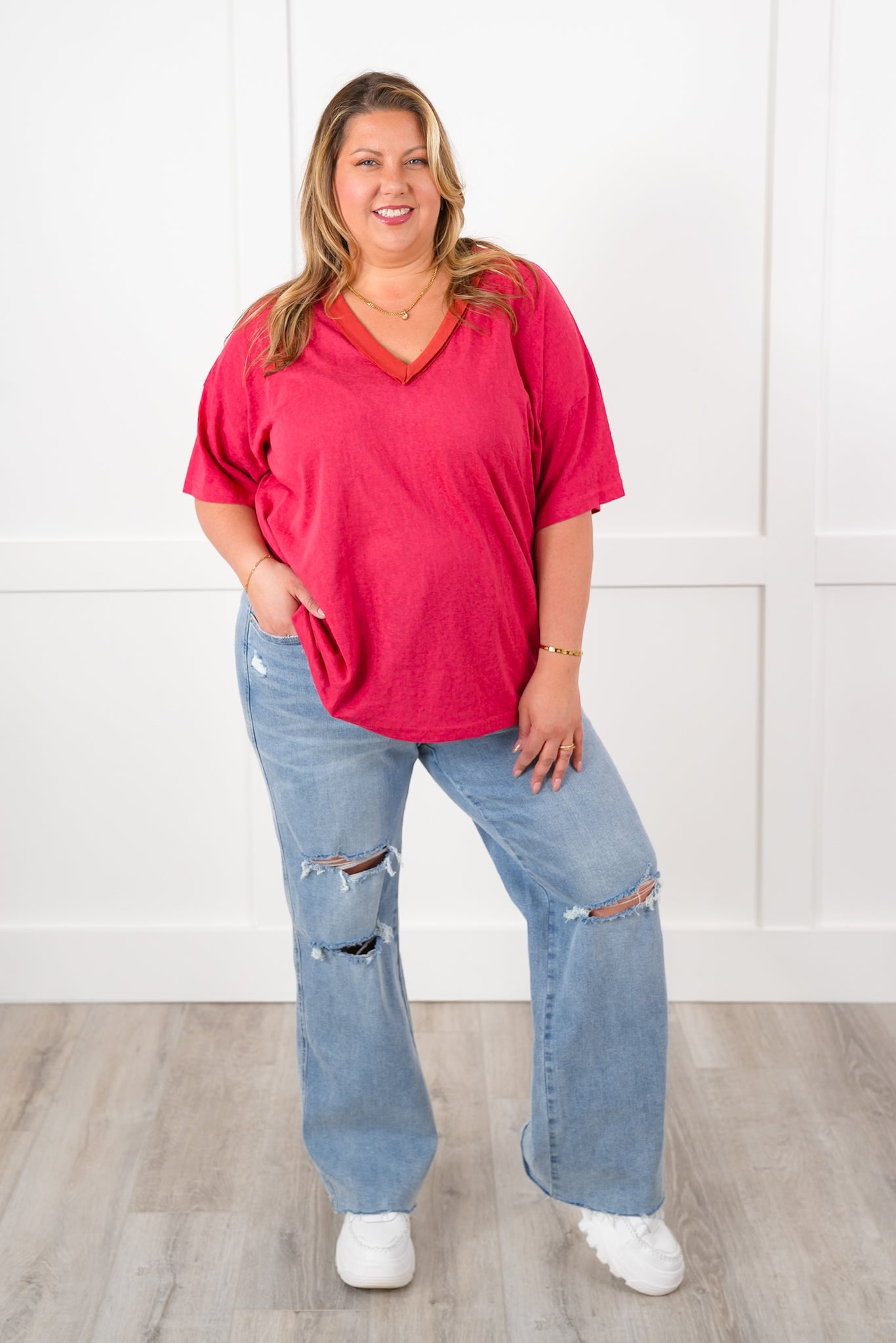POL Stone Wash Short Sleeve V-Neck Top