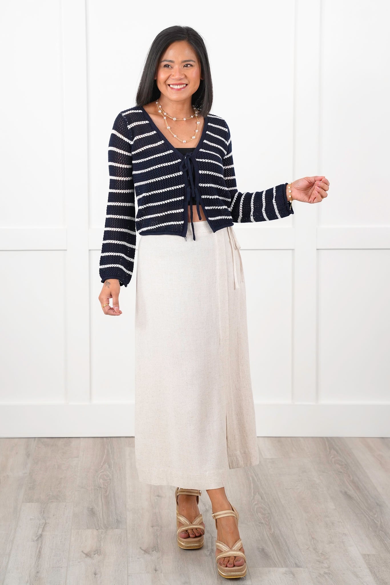 Striped Crochet Long Sleeve Cardigan with Front Tie Detail