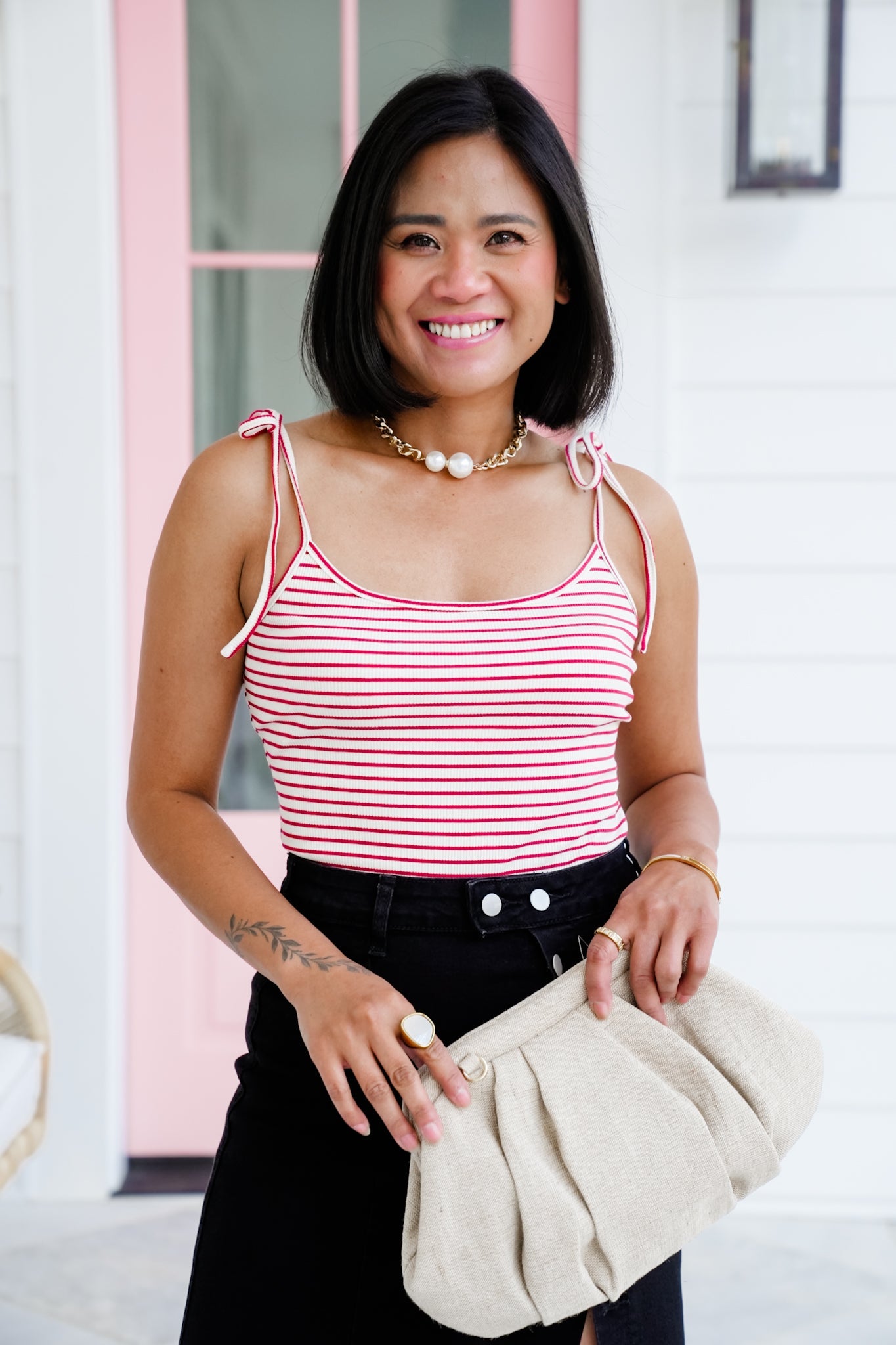 Stripe Sleeveless Shoulder Tie Bodysuit