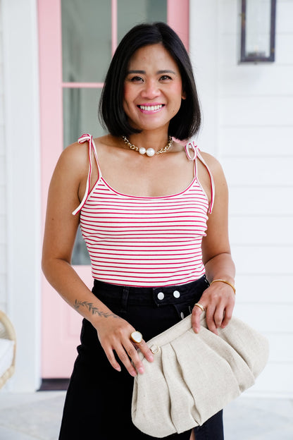 Stripe Sleeveless Shoulder Tie Bodysuit