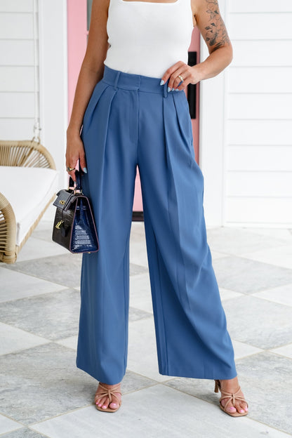 Blue Wide Leg Pleated Pants with Side Pockets