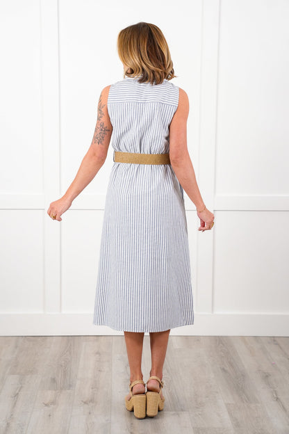 Plus/Reg Sleeveless Stripe Button Down Belted Maxi Dress