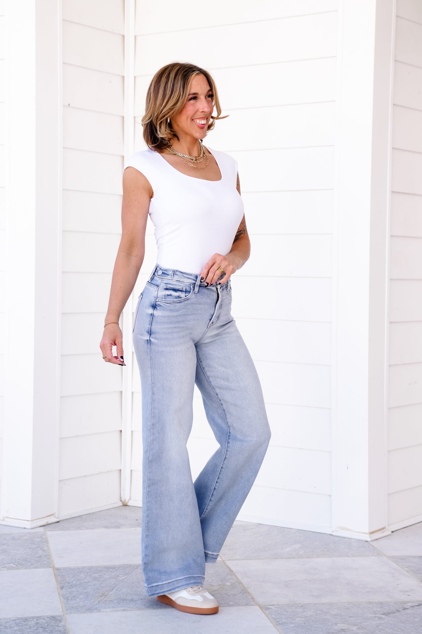 Risen High Rise Light Wash Tummy Control Wide Leg Jeans with Adjustable Waistband