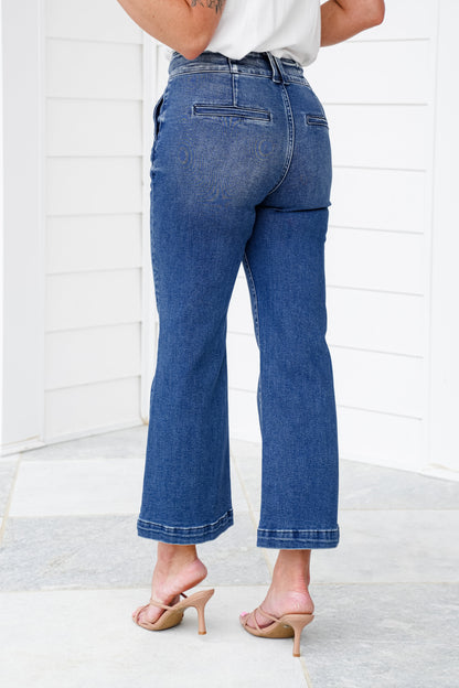 Risen High Rise Dark Wash Wide Waistband Tummy Control Cropped Wide Leg Jeans
